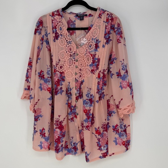 Roaman's Tops - Roaman's Blouse Womens 16W Pink Floral Crochet Lace Pintuck Boho Cottagecore